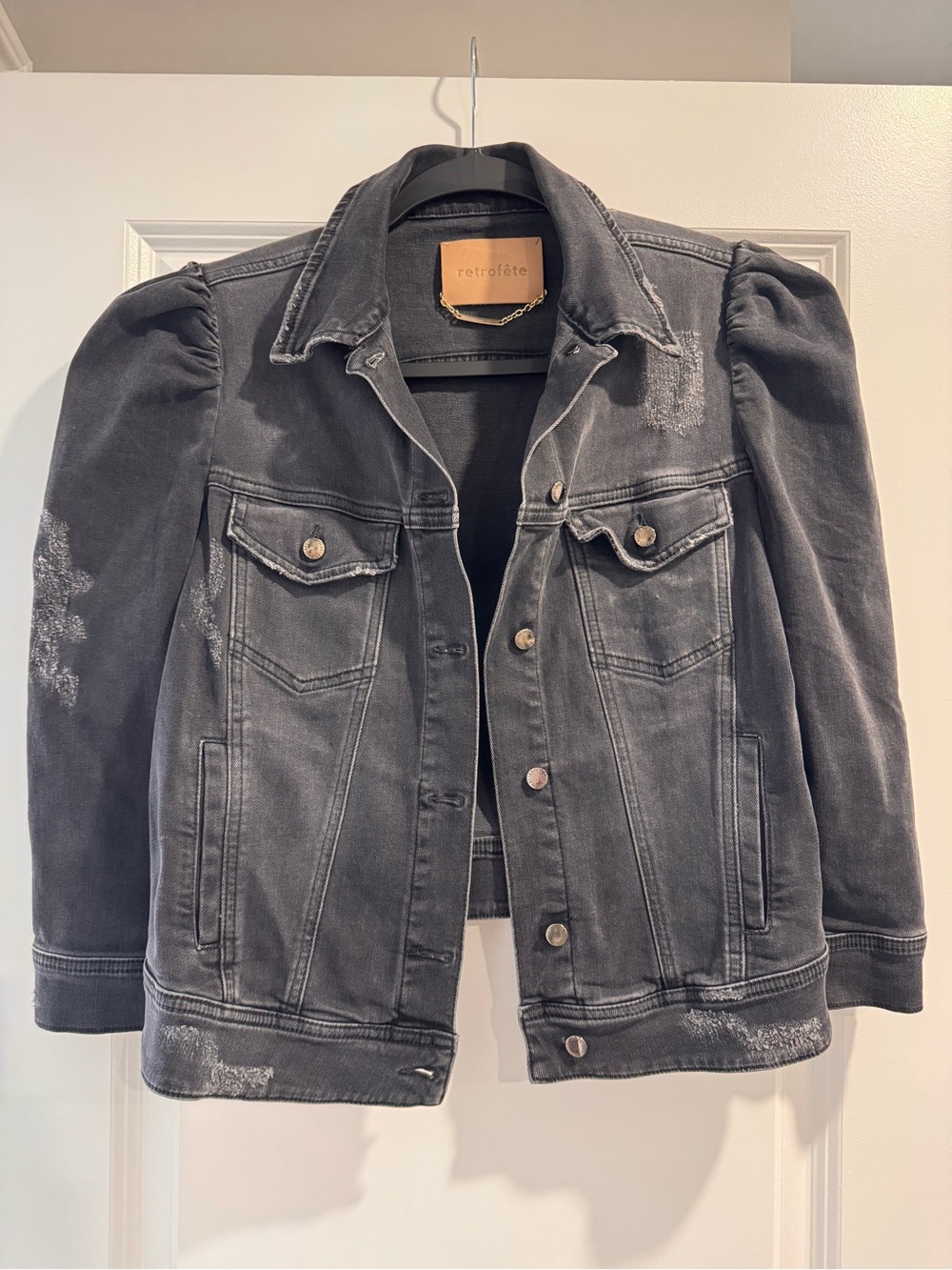 Retrofete Black Washed Puff-Sleeve Denim Jacket